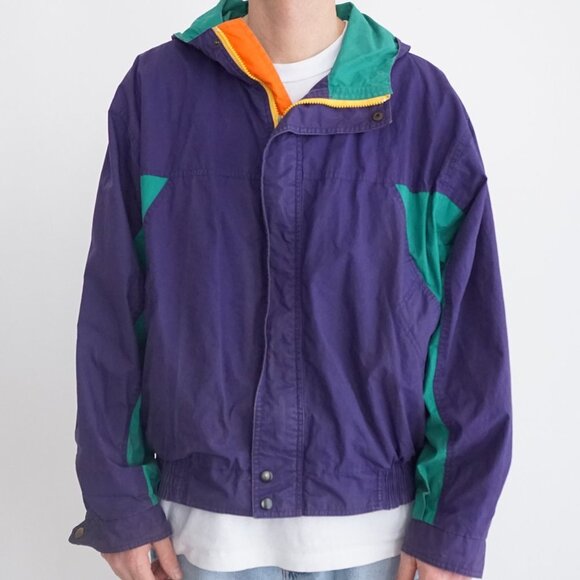 Vintage '80S Gant Purple Green Cotton Zip Up Nautical Windbreaker Hood Jacket XL - Picture 1 of 10